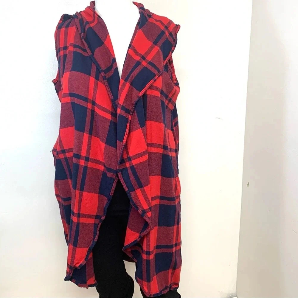 Duster Kimono 1X  Open‎ Woman Drape Flannel Red Plaid Pockets Lagenlook   Boho